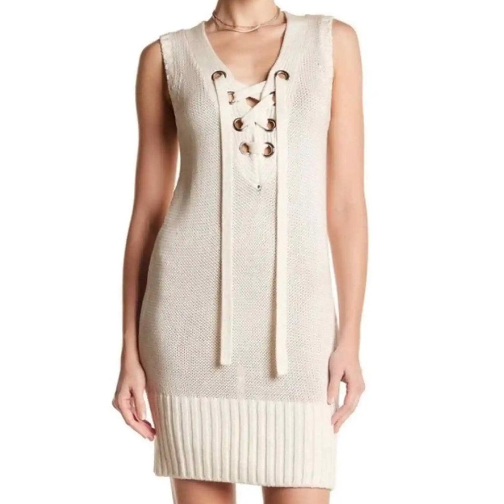 Revolve Lovers + Friends Ivory Knit Sweater Dress Lace Up Chunky Knit Dress